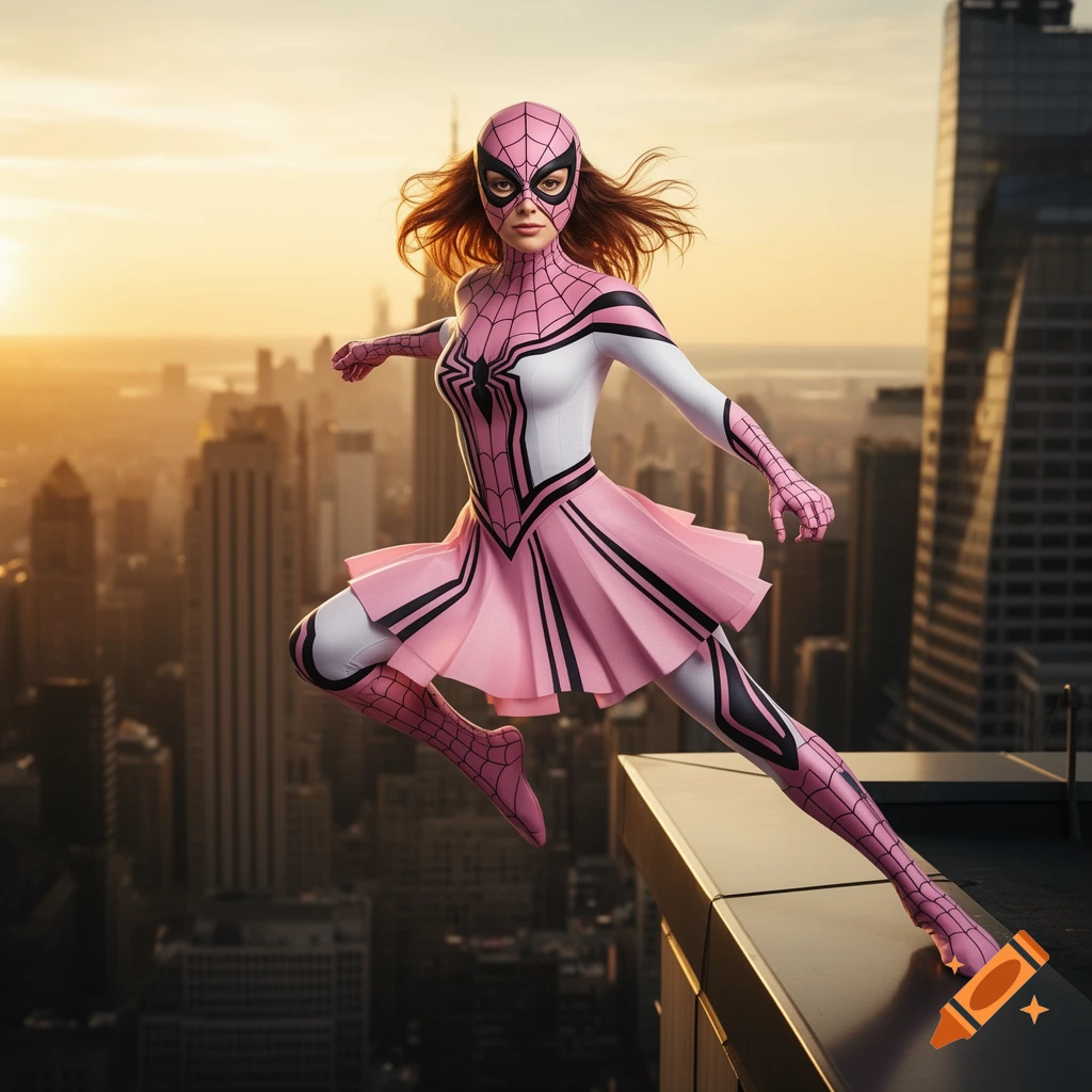 A pink and white Spider-Girl with a mask and skirt leaps from a city rooftop at sunset.