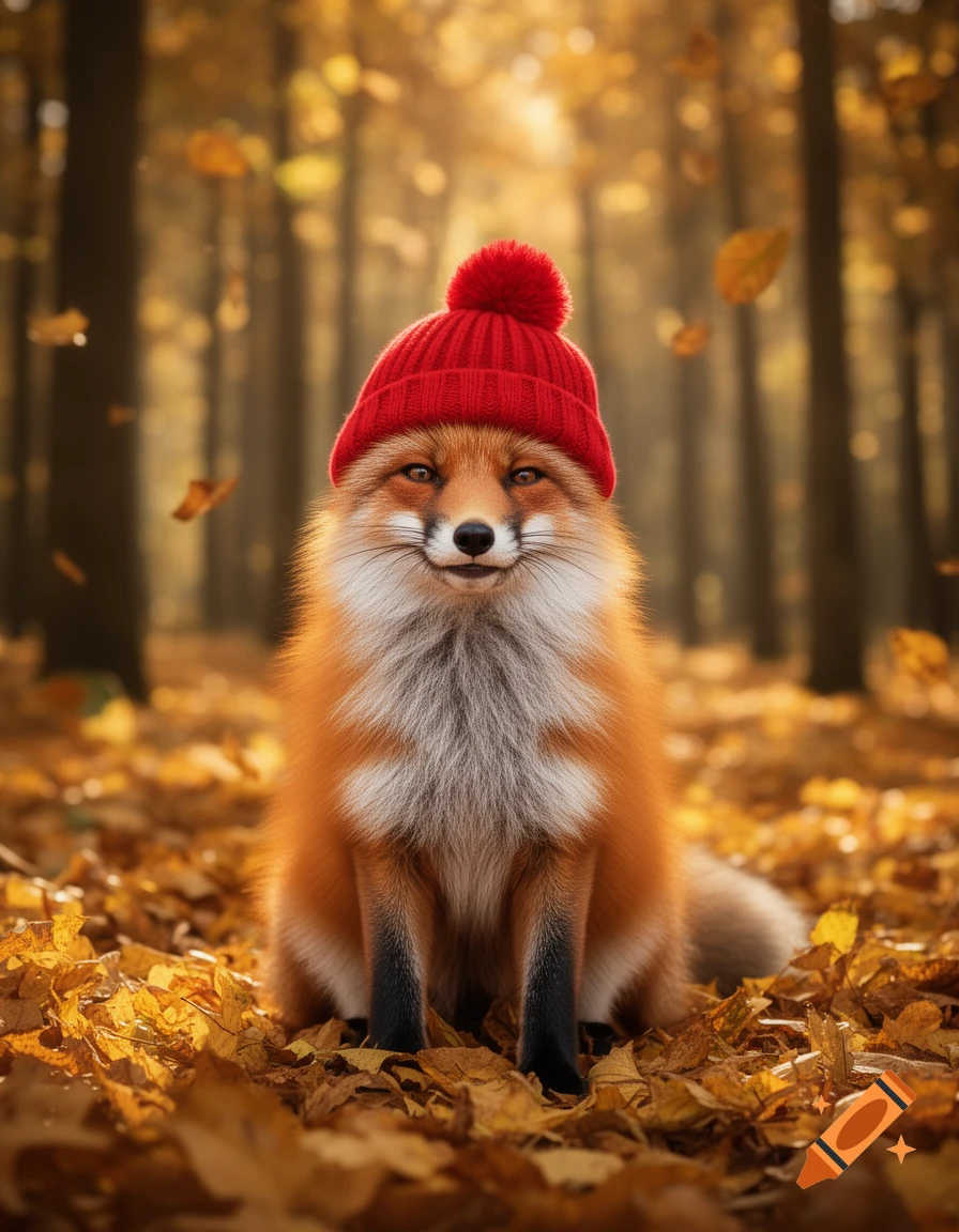 A photorealistic fox wearing a red knitted hat sits amongst fallen autumn leaves in a forest.