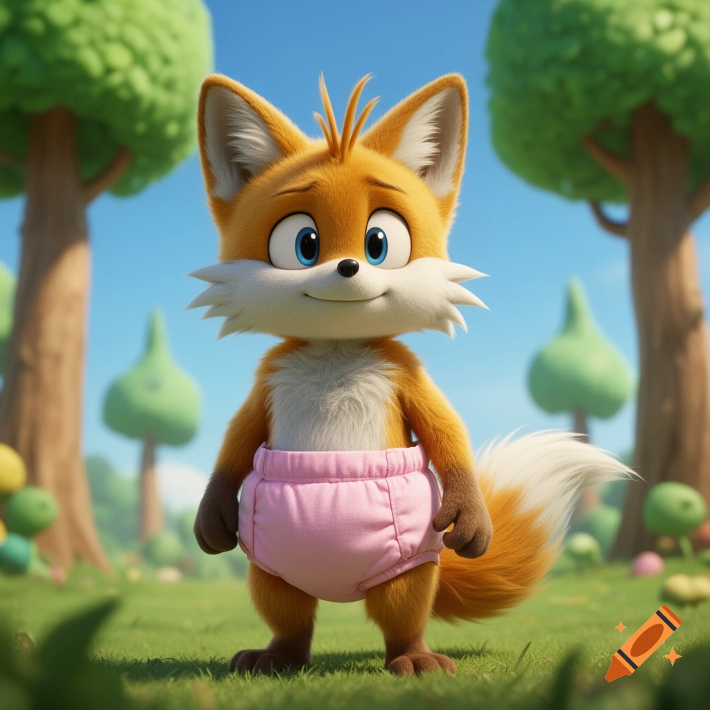 Tails the fox wearing a pink diaper, smiling in a sunny grassy field with trees, 3D render.