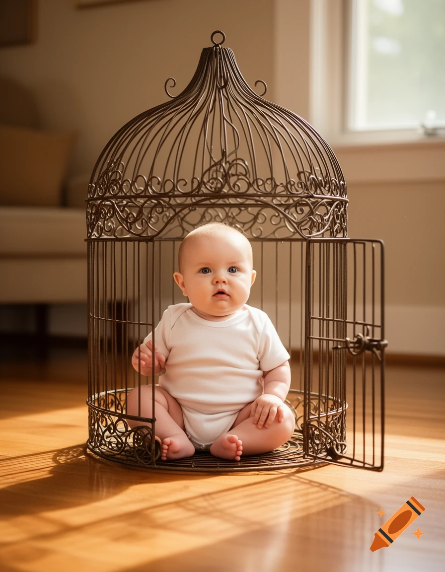 A baby in a white onesie sits inside a large, open ornate bird cage on a sunlit wooden floor.