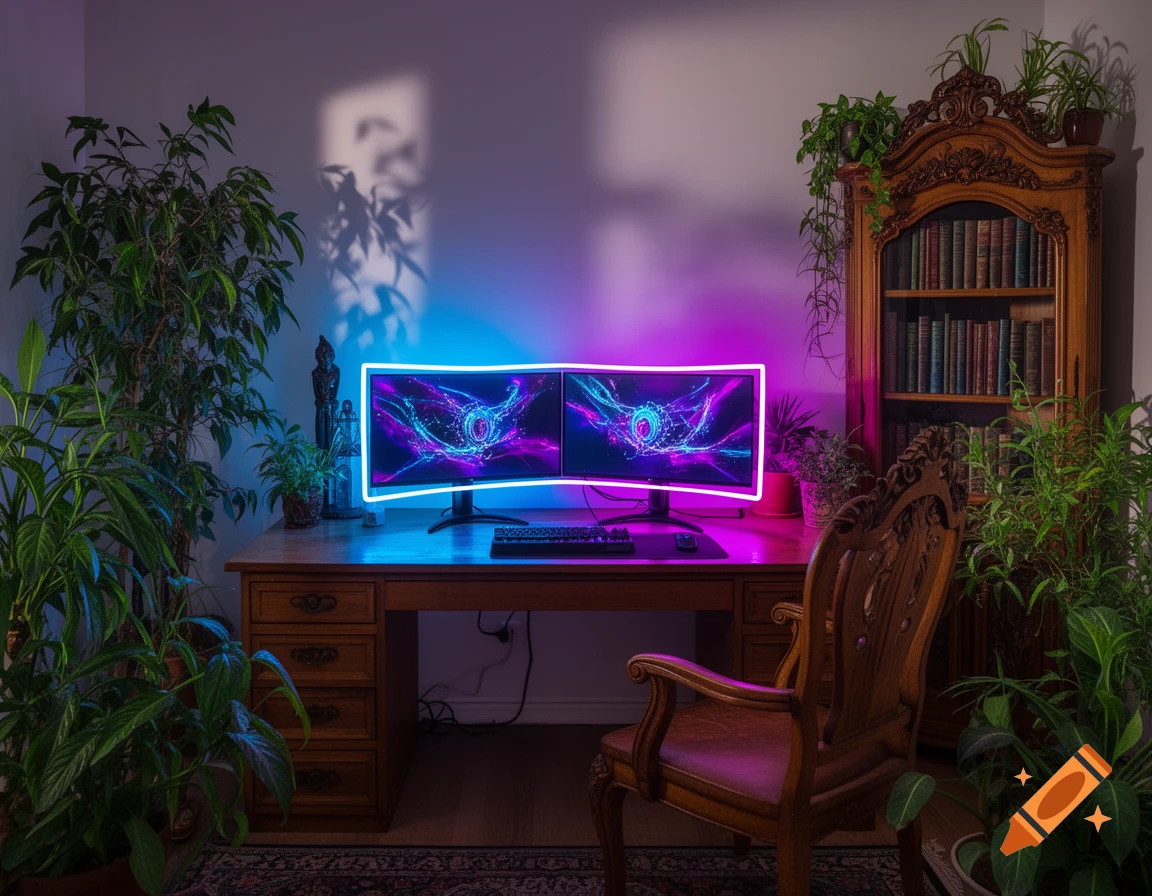 A vibrant gaming setup with two glowing monitors sits on an antique wooden desk surrounded by houseplants in a room with neon lighting.