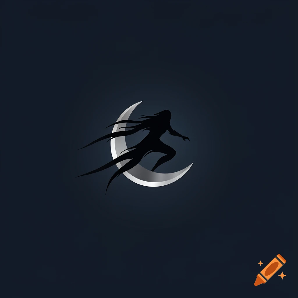 A stylized gaming icon features a black silhouette of a figure with flowing hair, running across a metallic silver crescent moon on a dark blue background.