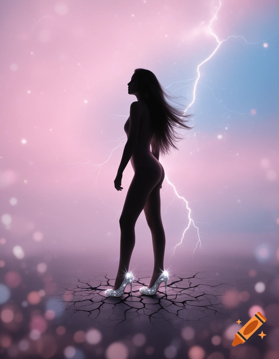 Silhouette of a woman in sparkling silver high heels on cracked ground, set against a pink and blue sky with lightning.