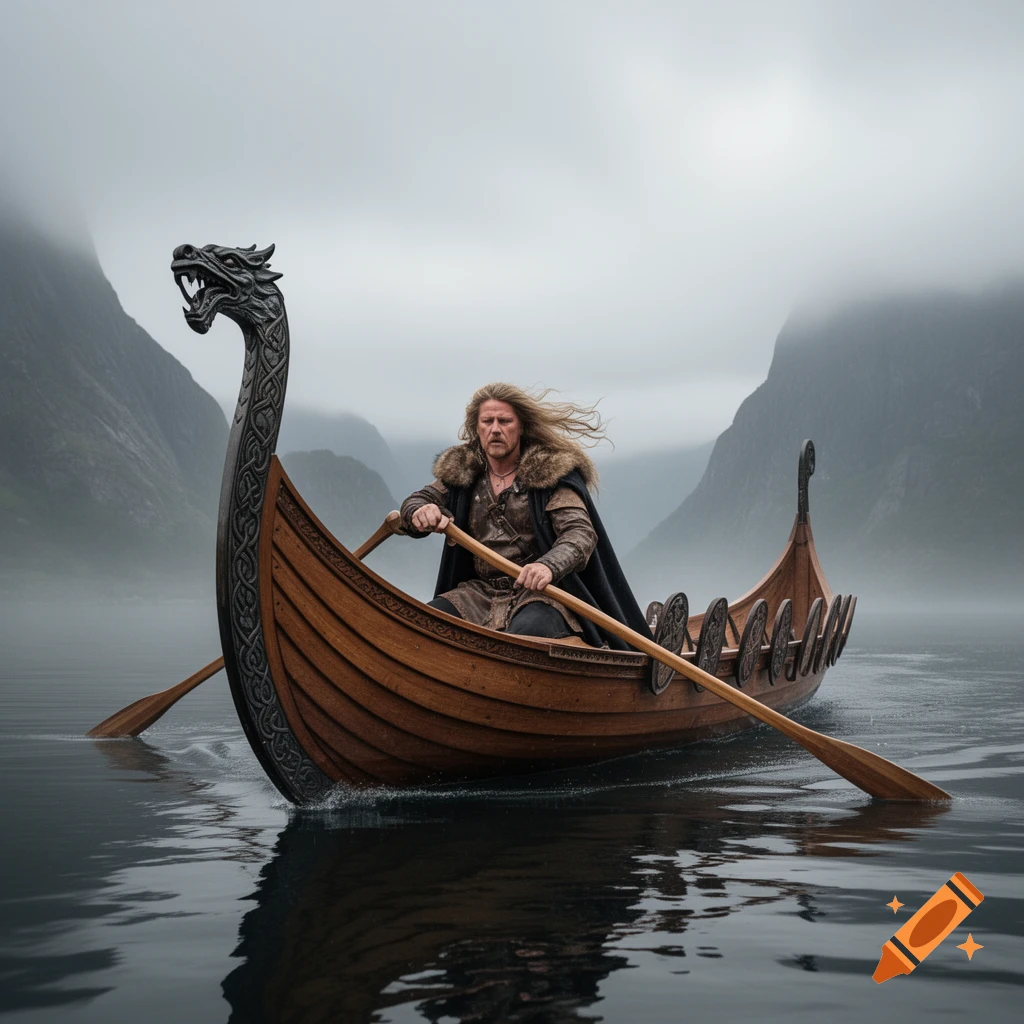 A man with long hair and a fur-lined cloak rows a dragon-headed Viking longboat in a misty fjord with mountains.