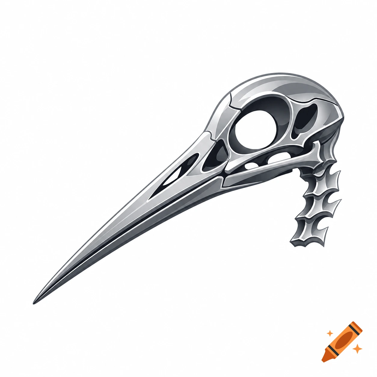 A stylized metallic skeleton of a bird's head with a long beak, isolated on a white background.