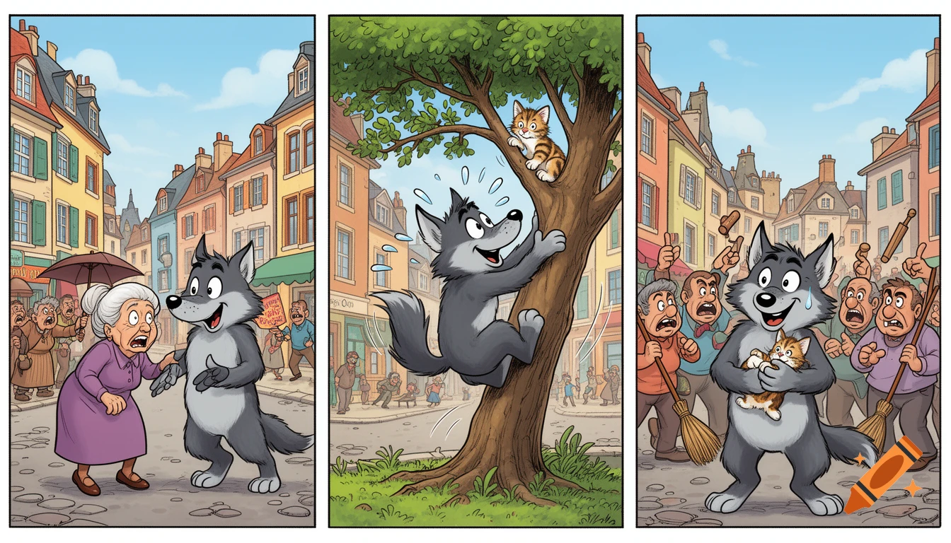 A three-panel cartoon comic strip. A wolf tries to help an old lady, then rescues a kitten from a tree, but is misunderstood and confronted by angry townspeople.