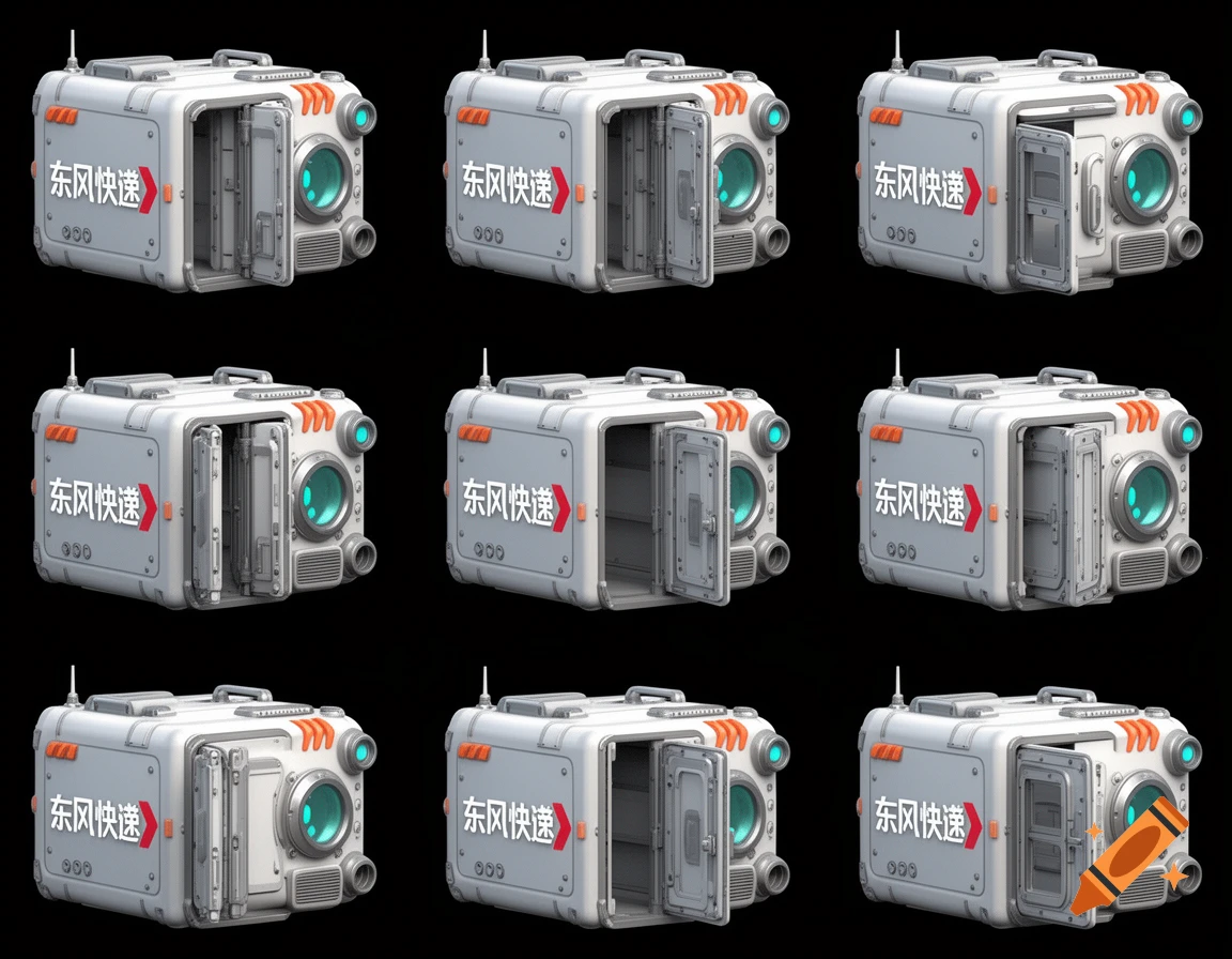 Nine identical Q-version sci-fi cargo box spaceships with open hatches, featuring green lights, orange stripes, and Chinese text '东风快递' on a black background.