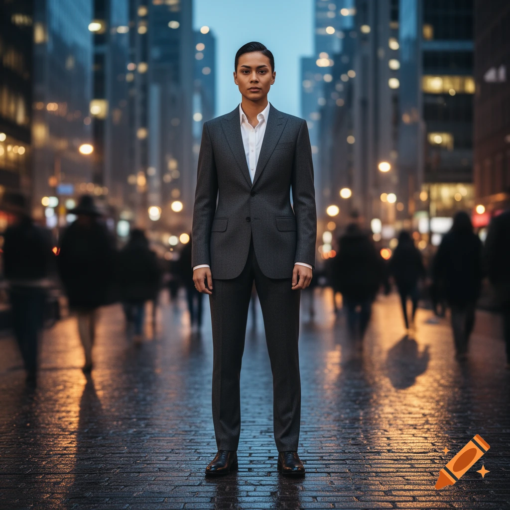 Photorealistic image of a woman in a grey suit standing on a wet city street at dusk, blurred pedestrians in background.