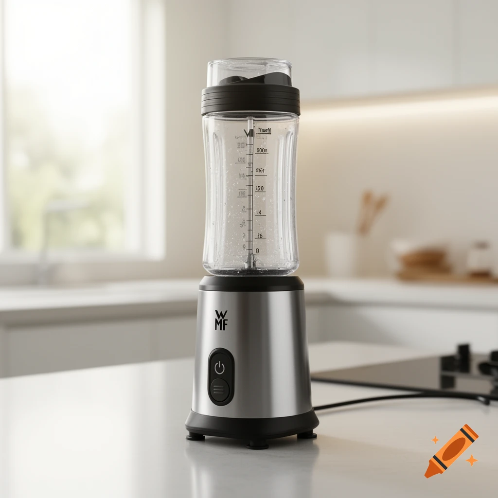 A silver and black WMF mini smoothie maker with a clear Tritan bottle on a white kitchen counter, with a blurred kitchen background.
