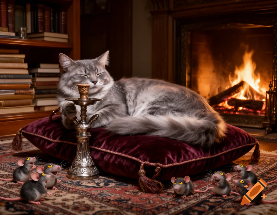 A fluffy gray cat lounges on a velvet pillow, smoking a hookah, surrounded by laughing mice in a cozy room with a fireplace.
