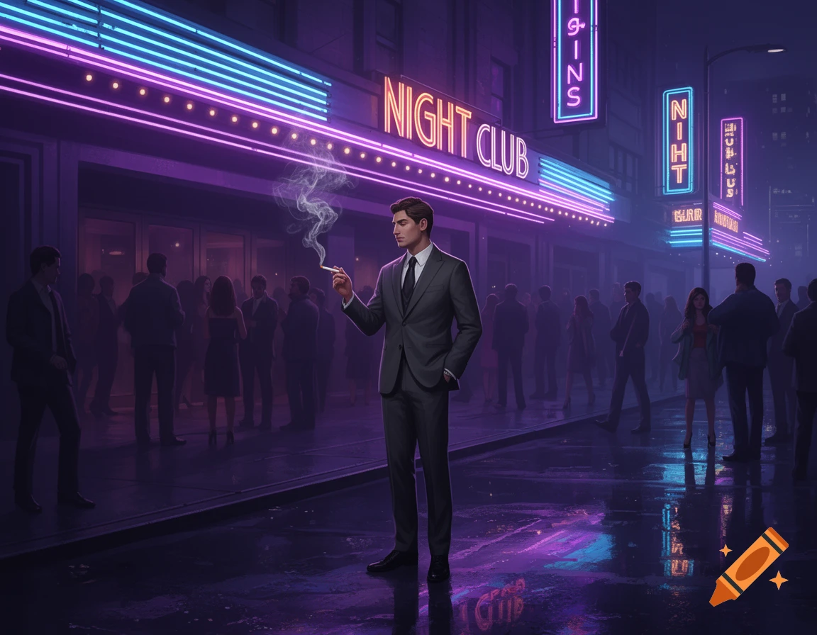 An illustration of a man in a suit smoking a cigarette outside a neon-lit night club at night.