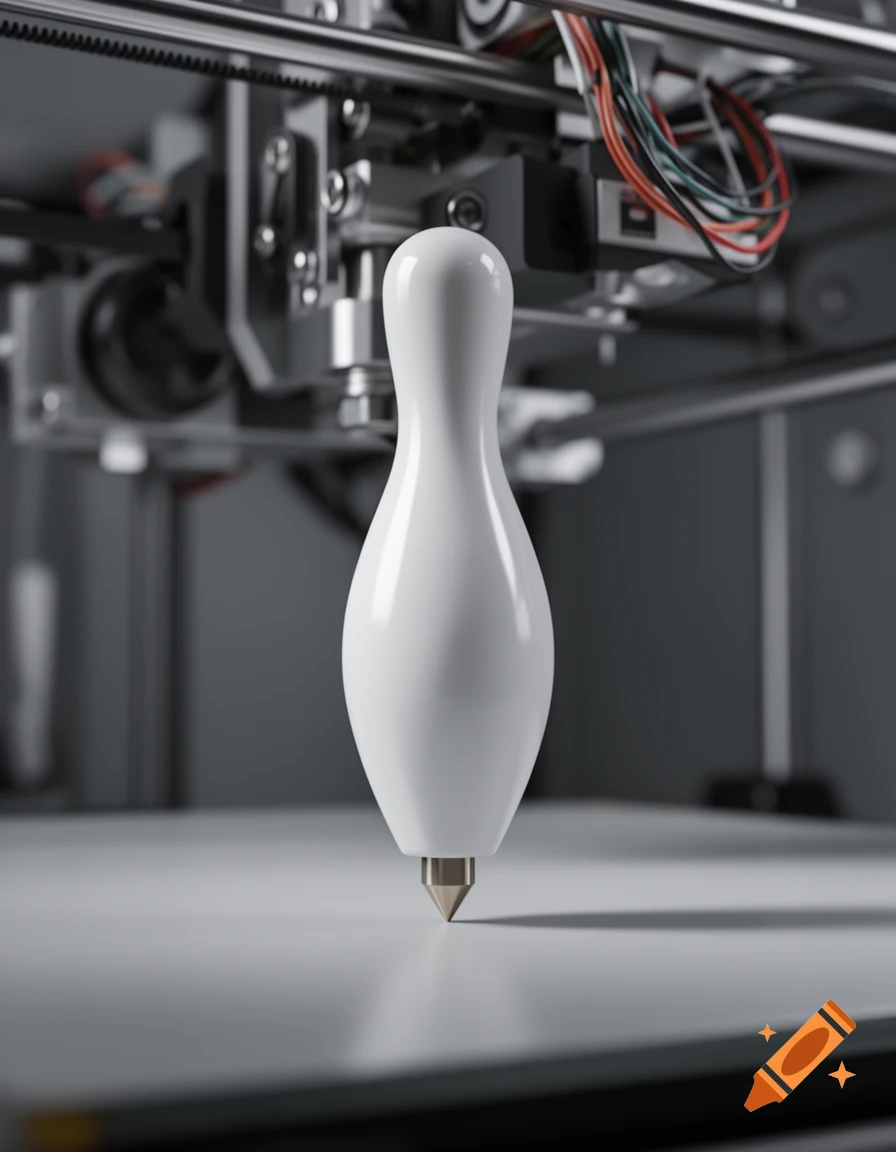 A white 3D printer nozzle, shaped like a bowling pin, positioned above a build plate in a 3D printer.