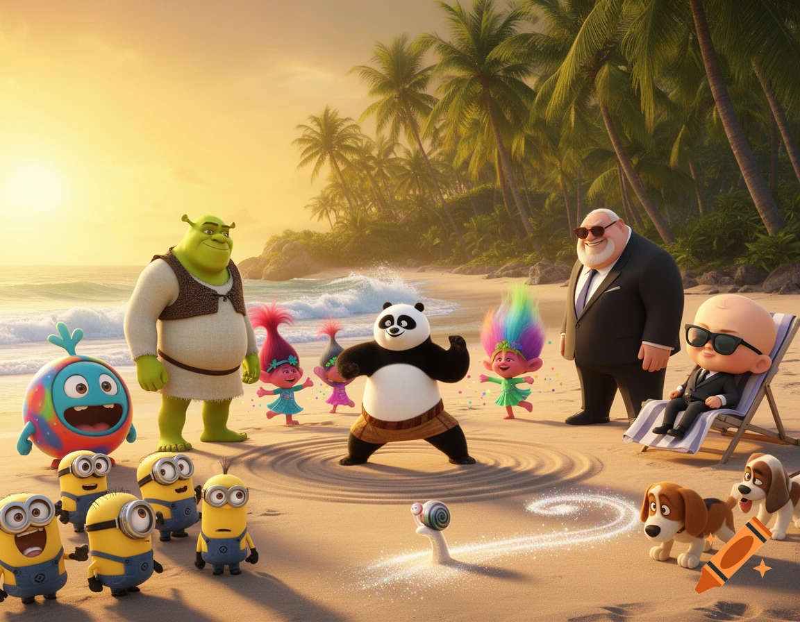 Shrek, Po, Boss Baby, Gru, Minions, Trolls, a Boov, dogs, and a snail gather on a sunny tropical beach.