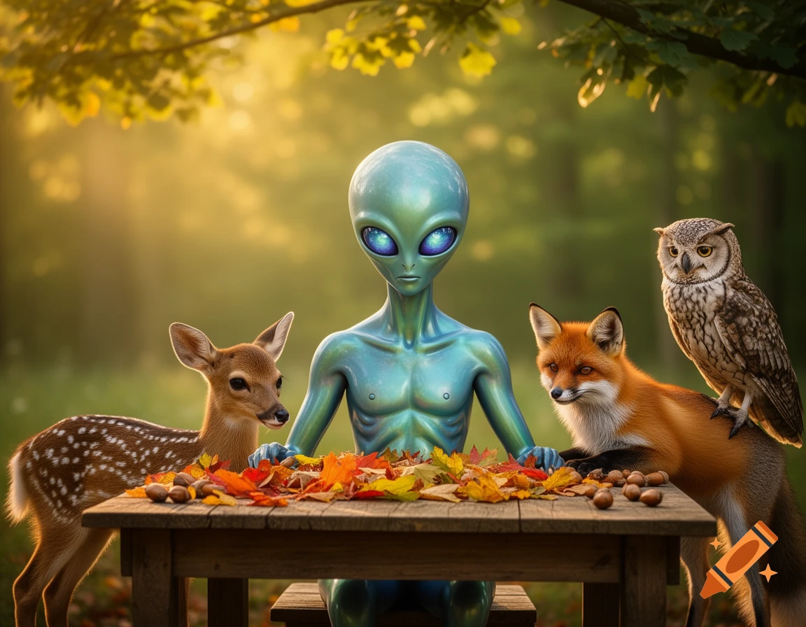 A blue-green alien with large eyes sits at a table covered in autumn leaves and acorns, with a fawn, fox, and owl in a sunlit forest.