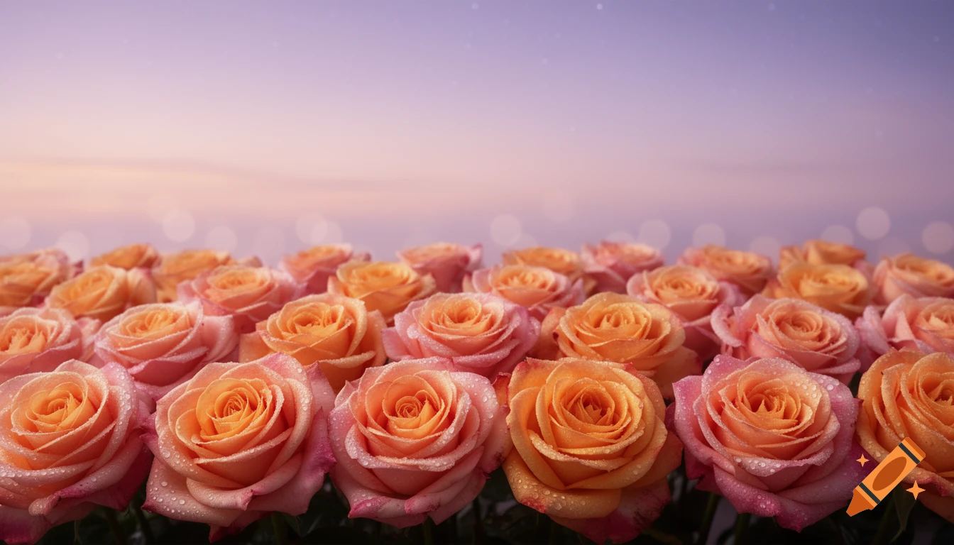 Photorealistic image of many peach and pink roses with dew drops filling the lower part of the frame, under a pastel twilight sky.