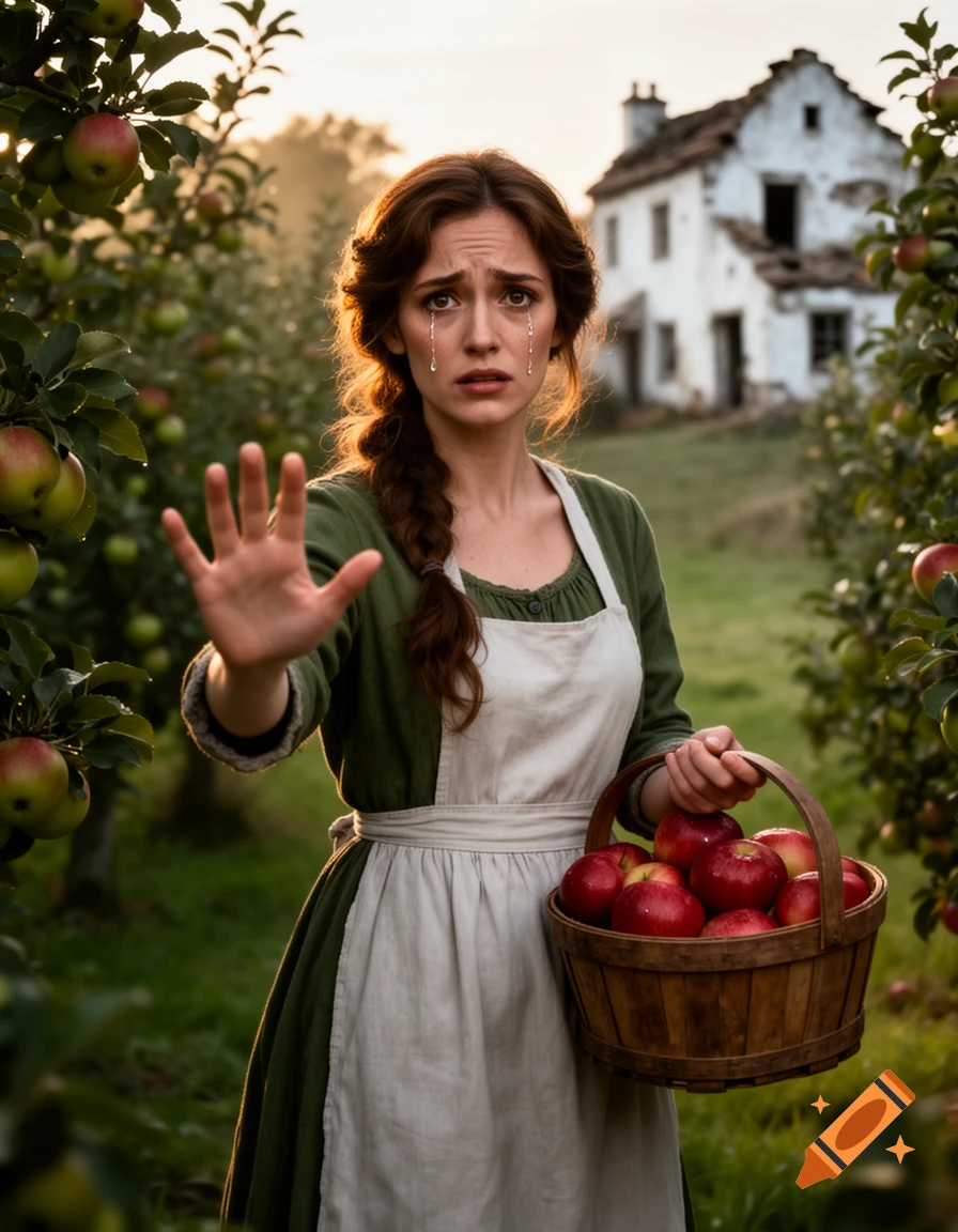 A tearful woman in a rustic dress and apron holds a basket of apples in an orchard, reaching out, with a ruined farmhouse in the background.