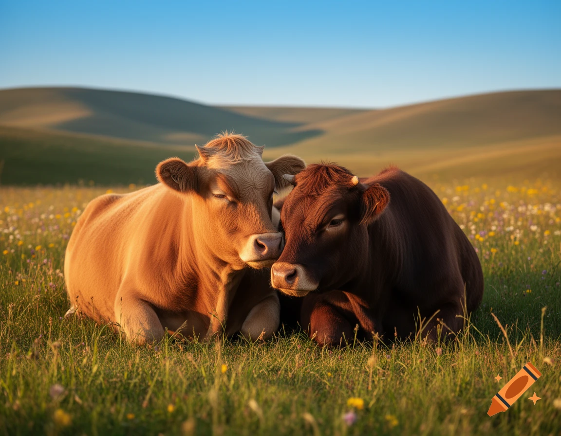 Two photorealistic cows snuggling in a sunlit grassy field with rolling hills in the background.