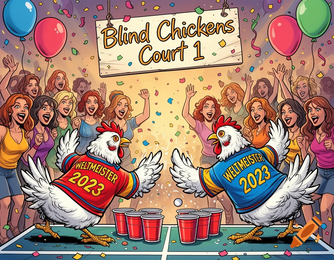 Two cartoon chickens in 'Weltmeister 2023' jerseys play beer pong, cheered by women at a confetti-filled party under a 'Blind Chickens Court 1' sign.