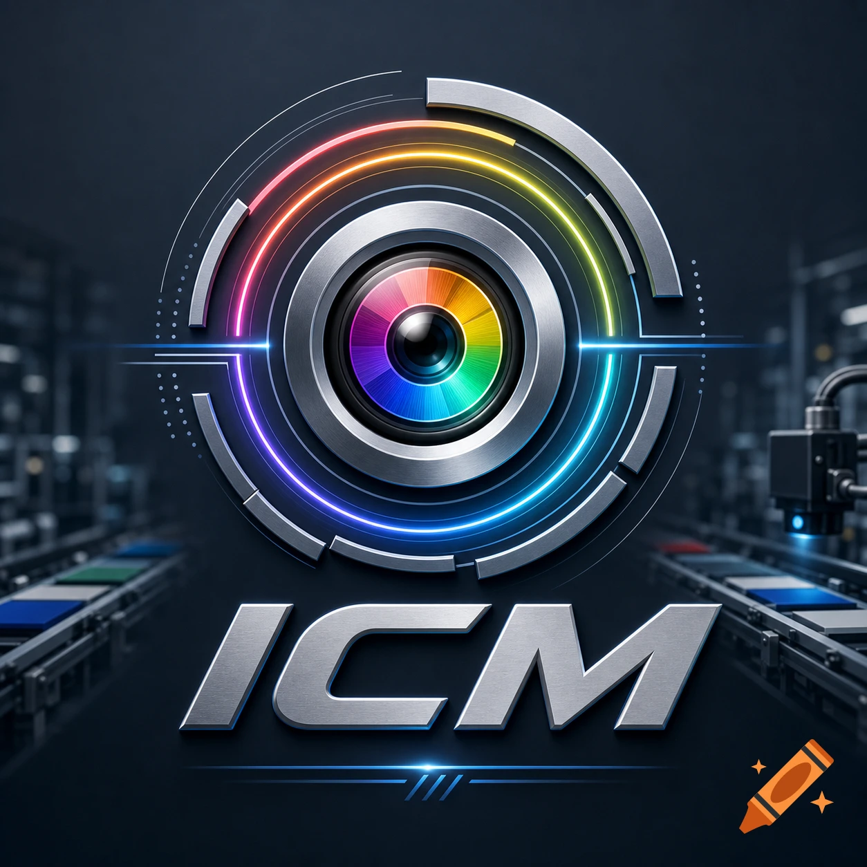 A sleek, metallic logo features a camera lens with a rainbow-colored iris, encircled by glowing neon lines and abstract silver elements, above the bold, silver letters 'ICM' against a dark, blurred background of a factory production line.