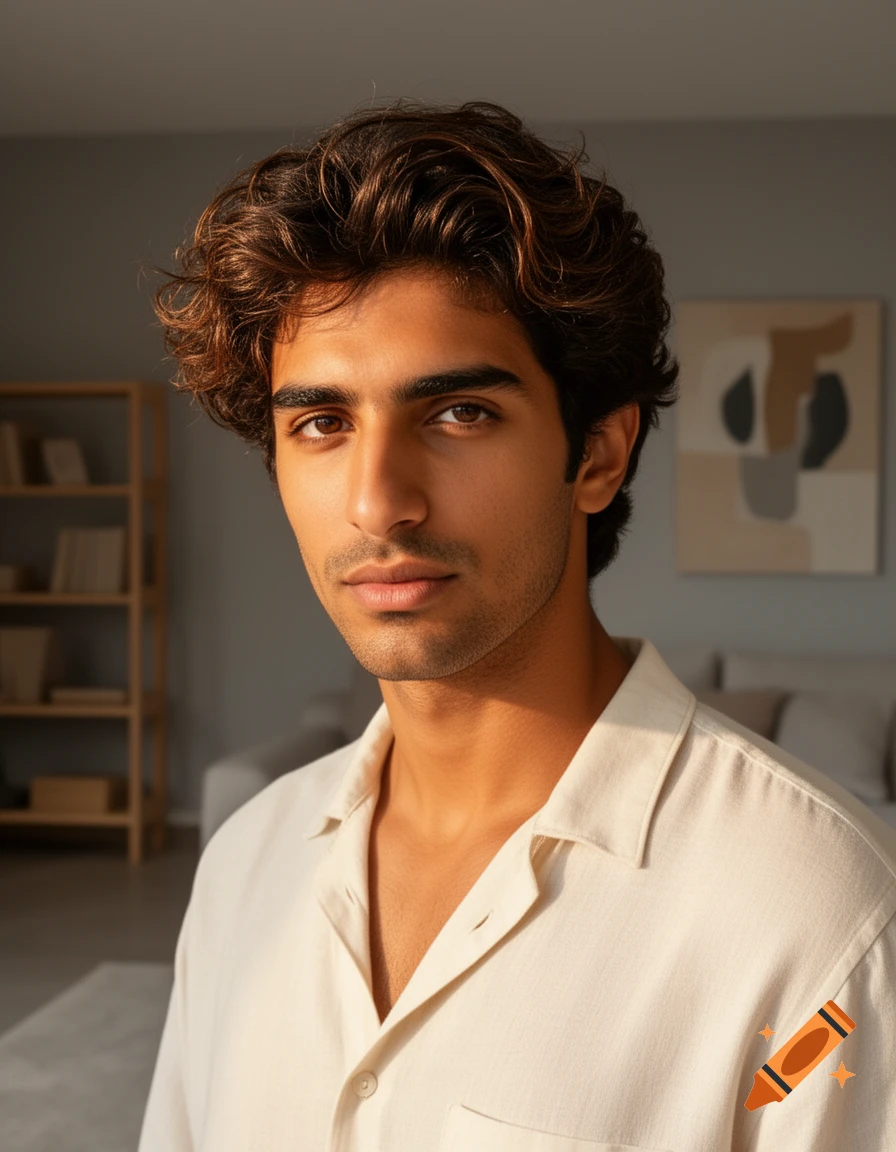 Photorealistic portrait of a young man with dark, curly hair and brown eyes, wearing a cream collared shirt, bathed in soft sunlight indoors.
