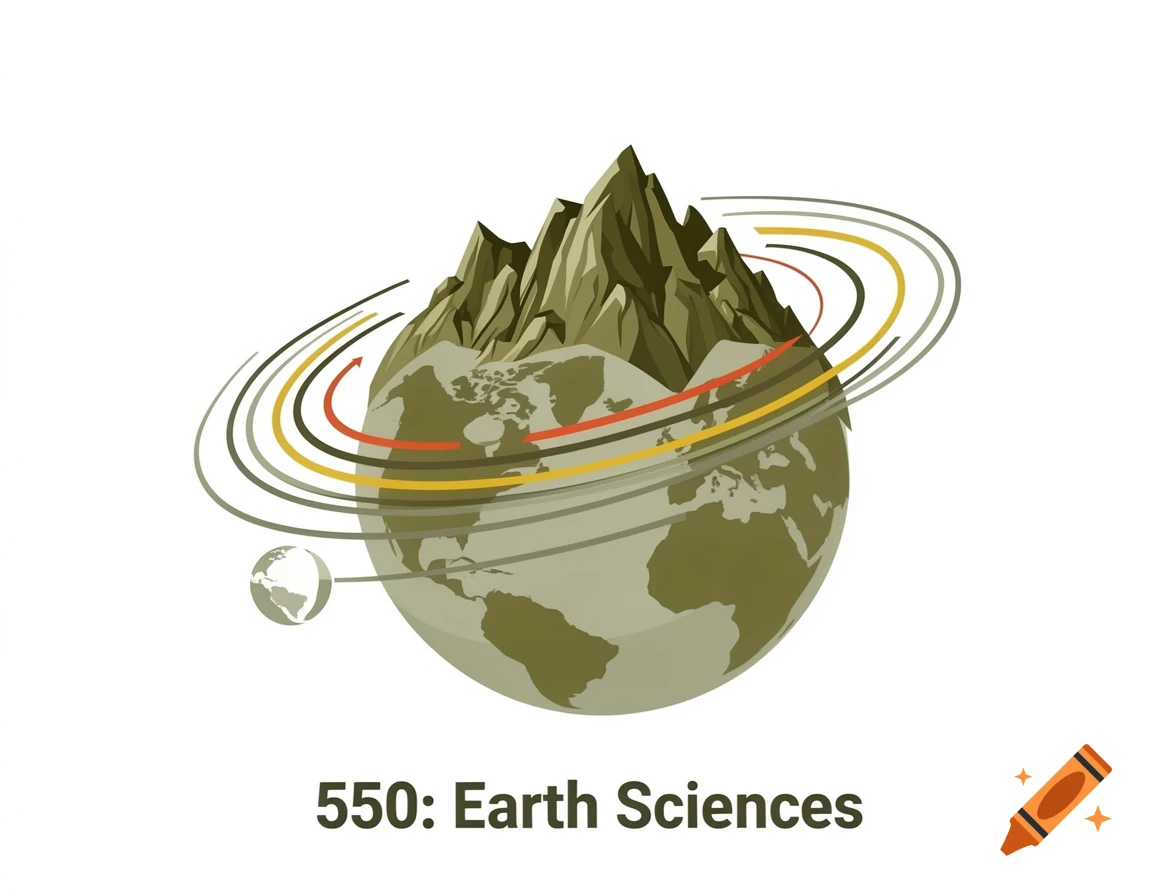 Illustration of Earth with mountains and abstract rings, text reads '550: Earth Sciences'.