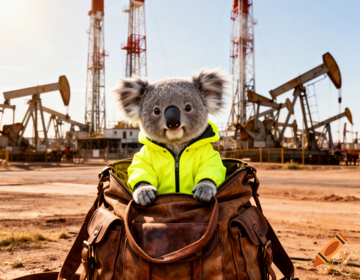 Photorealistic koala wearing a yellow windbreaker in a brown backpack in an oil field with drilling rigs and pump jacks.