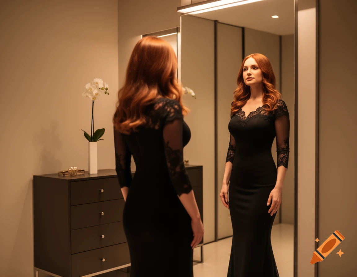 Red-haired woman in a black lace dress looks at her reflection in a large mirror in a modern room with an orchid.