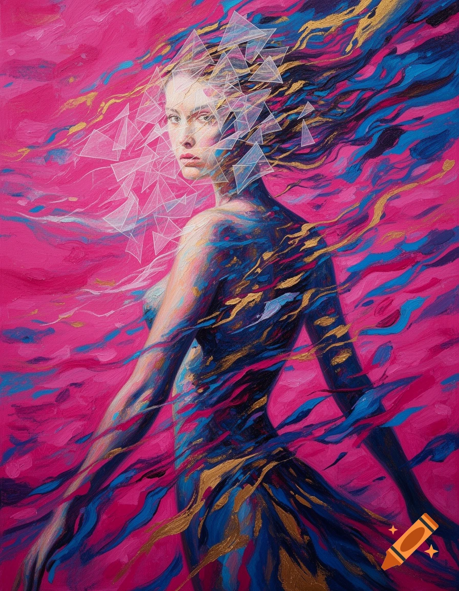 Avant-garde painting of a woman with her head fragmented by geometric shapes, surrounded by swirling pink, blue, and gold paint strokes.