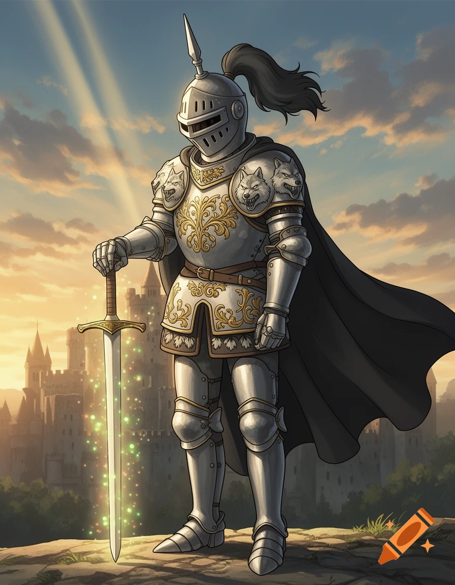 A Studio Ghibli style knight in shining silver armor with gold engravings and wolf pauldrons leans on a glowing longsword before a castle at sunset.