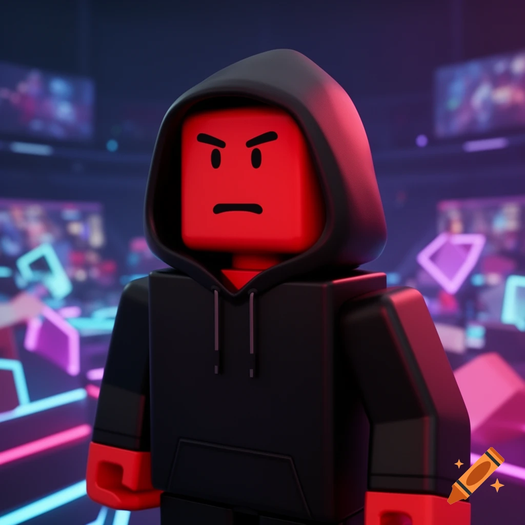 A red, angry Roblox-style character wearing a black hoodie in a neon-lit gaming room.