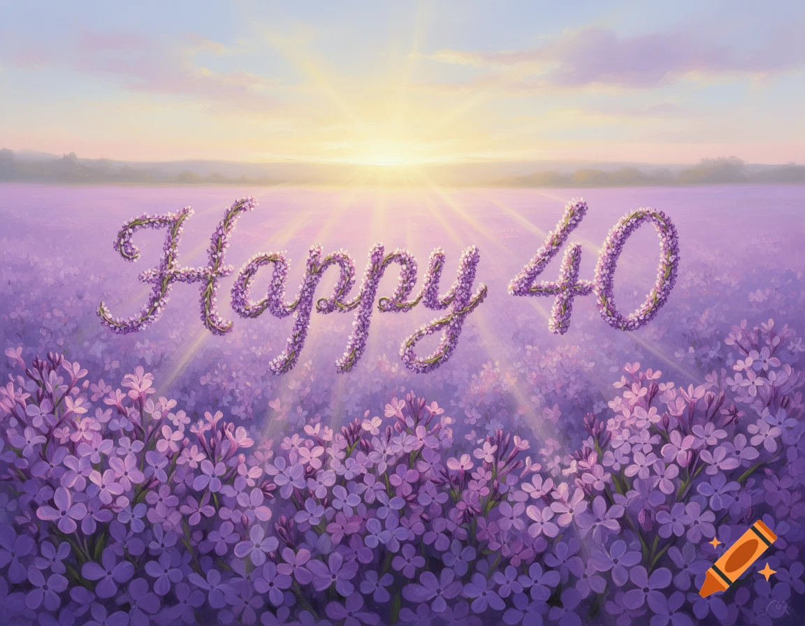 Painterly landscape of a vast lavender field at sunset with the words 'Happy 40' made of flowers floating above.