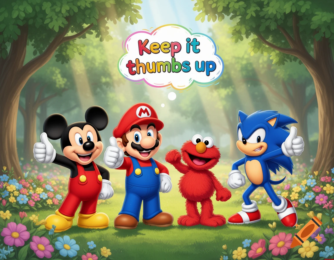 Mickey Mouse, Mario, Elmo, and Sonic give thumbs up in a forest, with a thought bubble saying 'Keep it thumbs up'.