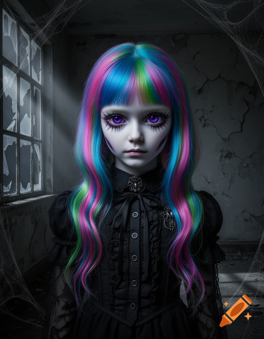 A creepy, doll-like girl with long rainbow hair, large purple eyes, and pale skin, wearing a black gothic dress, stands in a dark, dilapidated room with broken windows and cobwebs.
