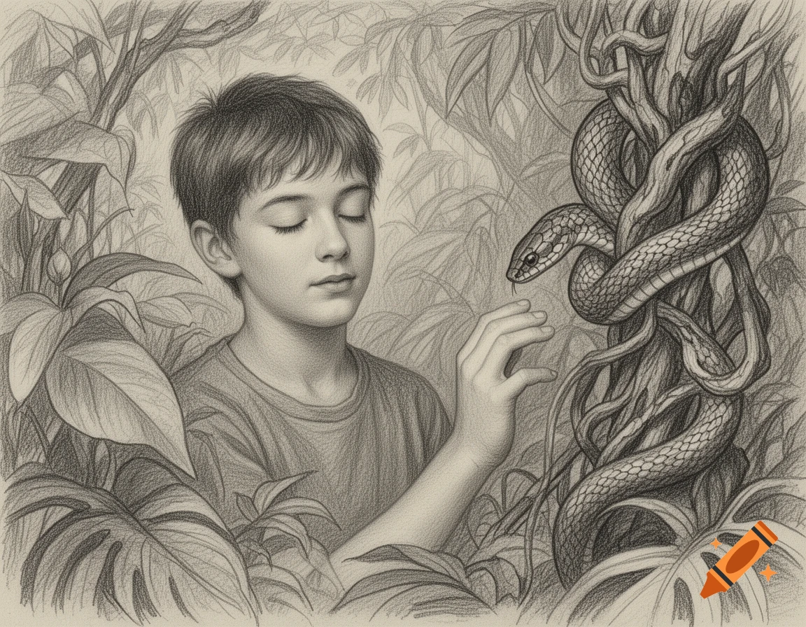 Pencil sketch of a boy with closed eyes reaching towards a snake in a jungle.