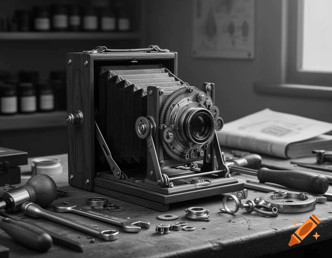 Black and white image of a disassembled vintage wooden bellows camera surrounded by gears, wrenches, and tools on a rustic workbench.