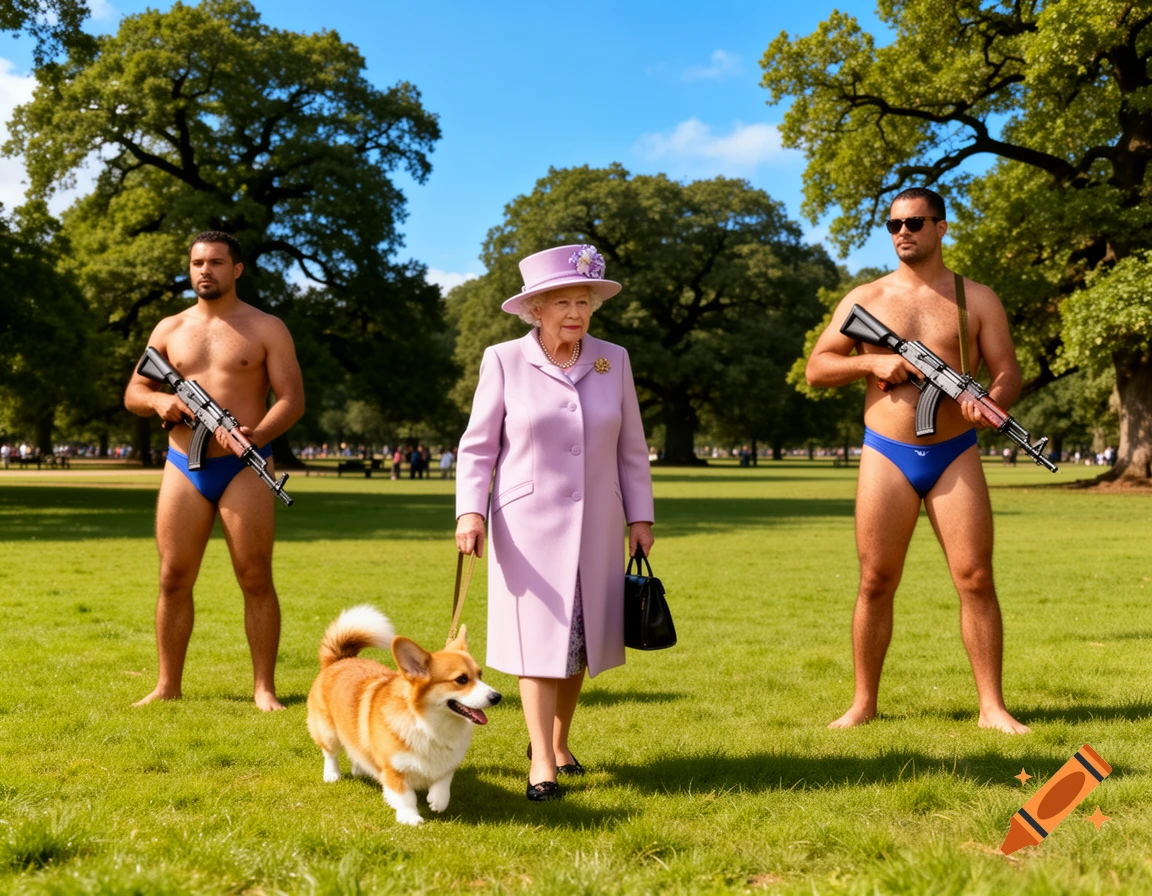Queen Elizabeth in a lavender suit walks a corgi on a leash, flanked by two shirtless bodyguards in blue speedos holding AK-47s in a park.