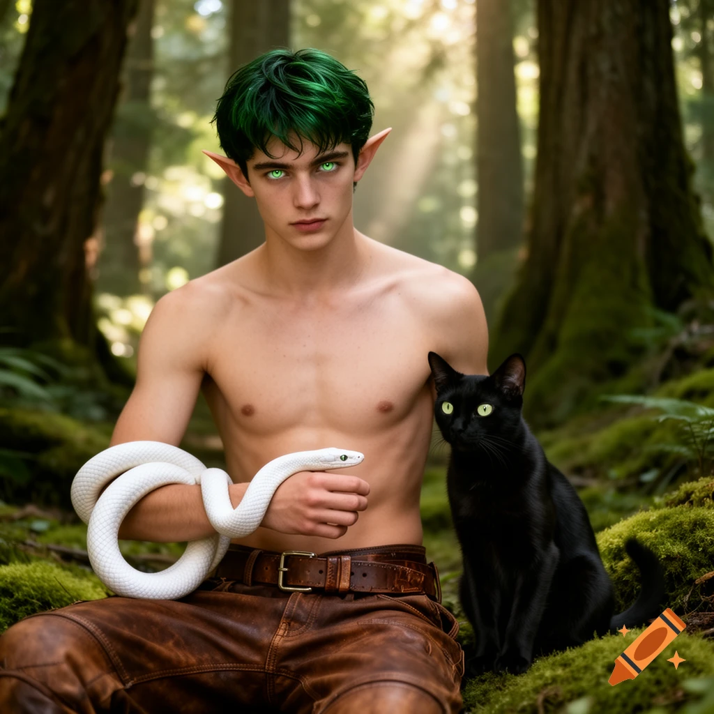 A shirtless young man with green hair and pointed ears, holding a white snake, sits in a forest next to a black cat with glowing green eyes.