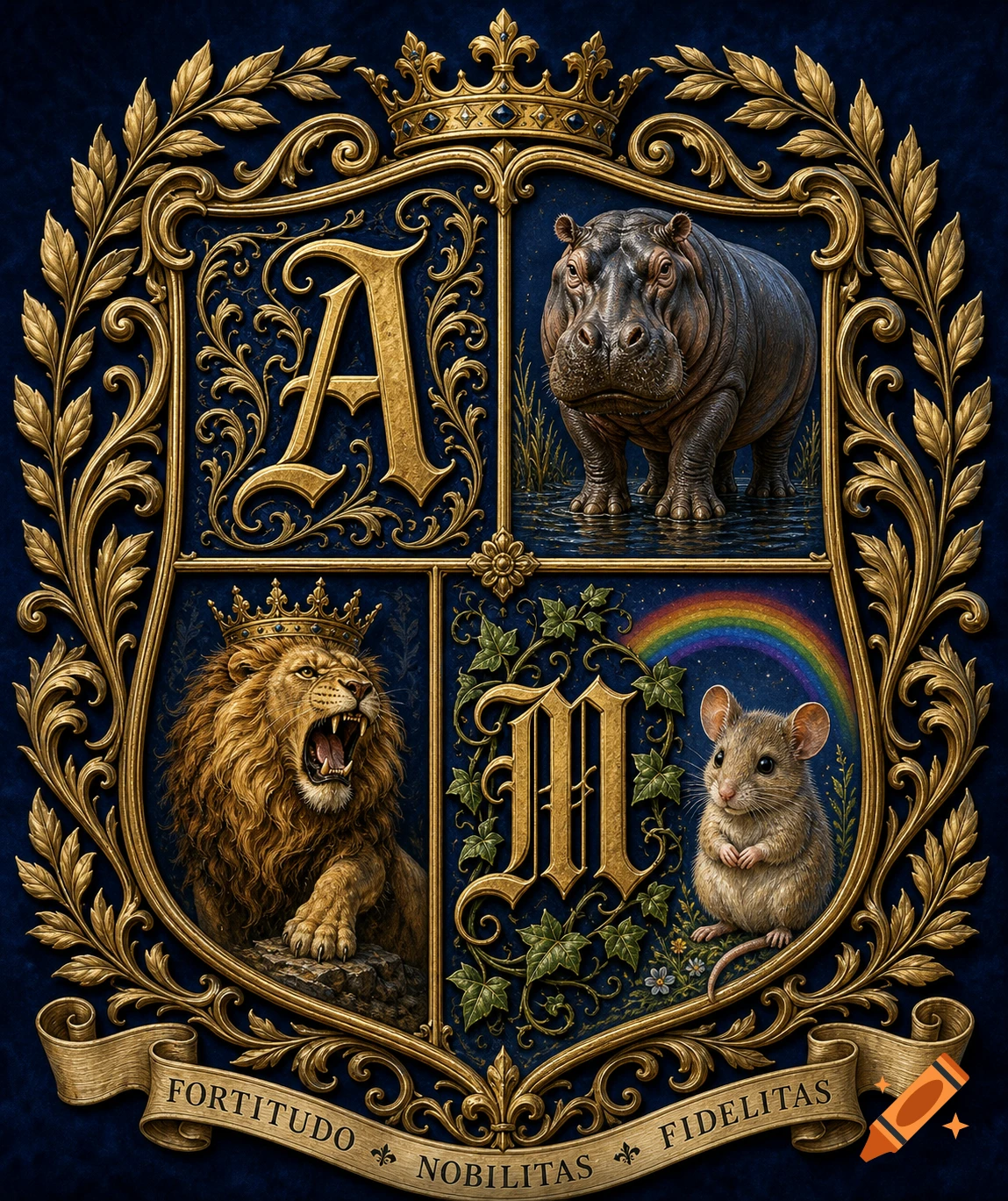 An ornate, golden-framed coat of arms on a dark blue background. Four quadrants feature a golden letter A, a hippo, a roaring lion wearing a crown, and a golden letter M with a mouse and a rainbow. A banner below reads "FORTITUDO NOBILITAS FIDELITAS".