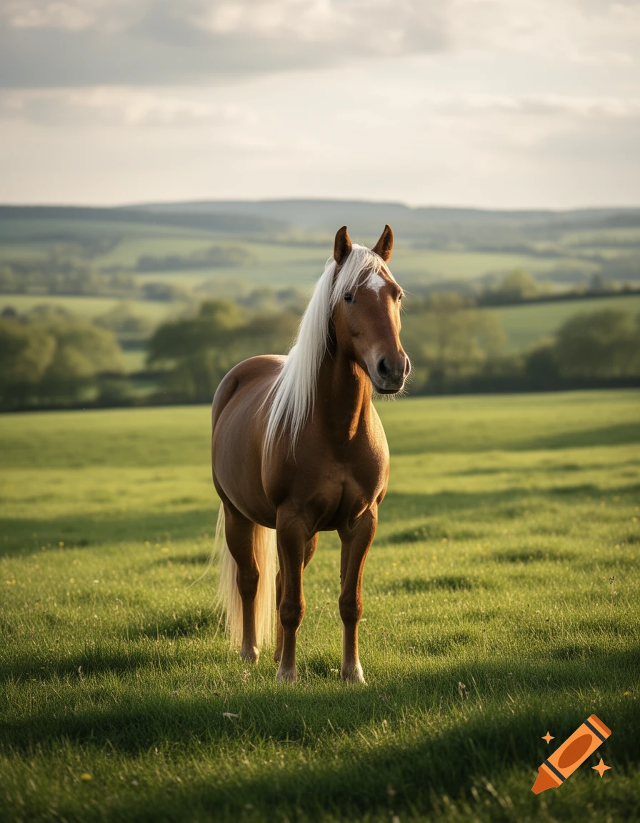 A photorealistic image of a brown horse with a white mane standing in a sunlit green field with rolling hills.