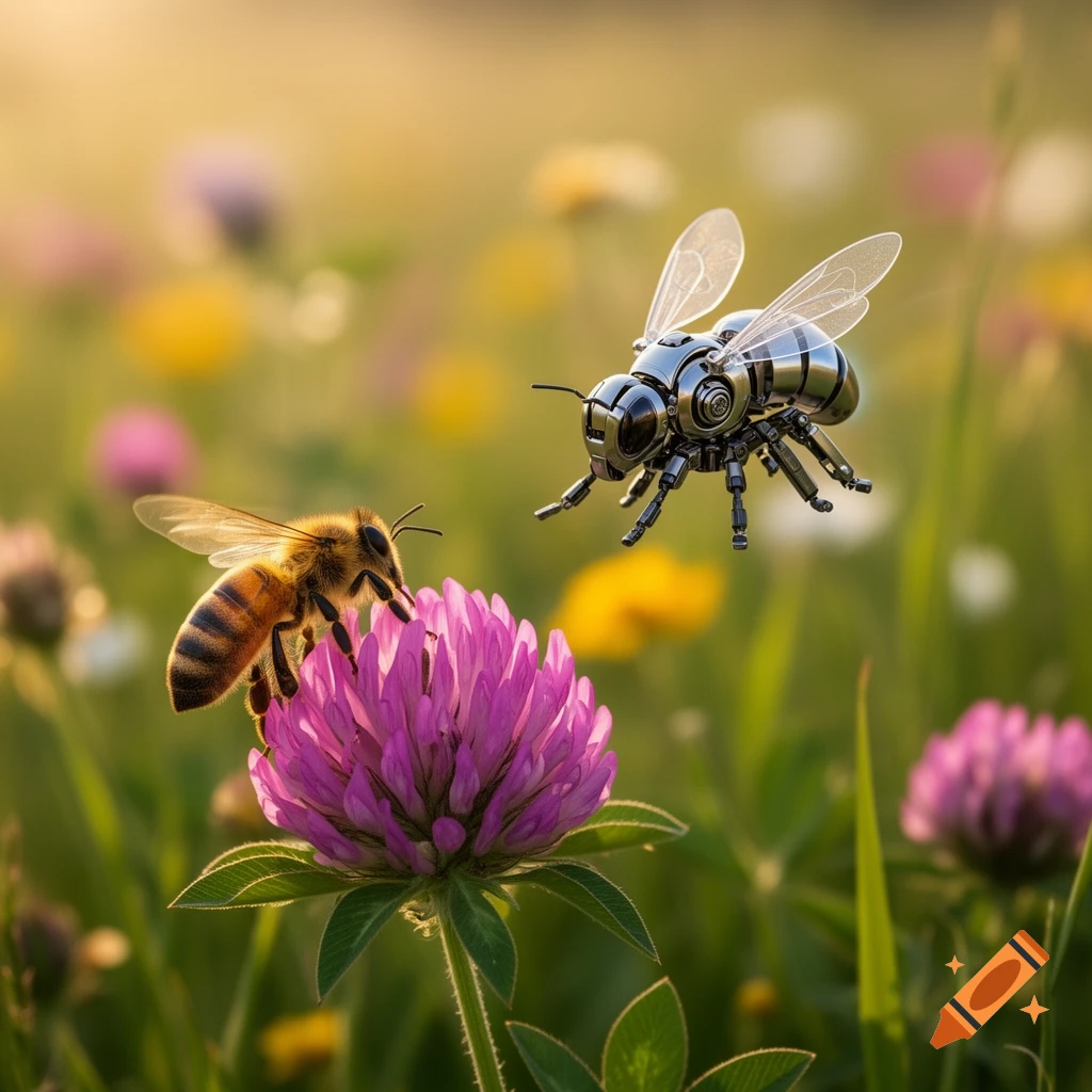 A realistic bee on a purple clover flower faces a metallic robot bee hovering in a sunlit meadow.