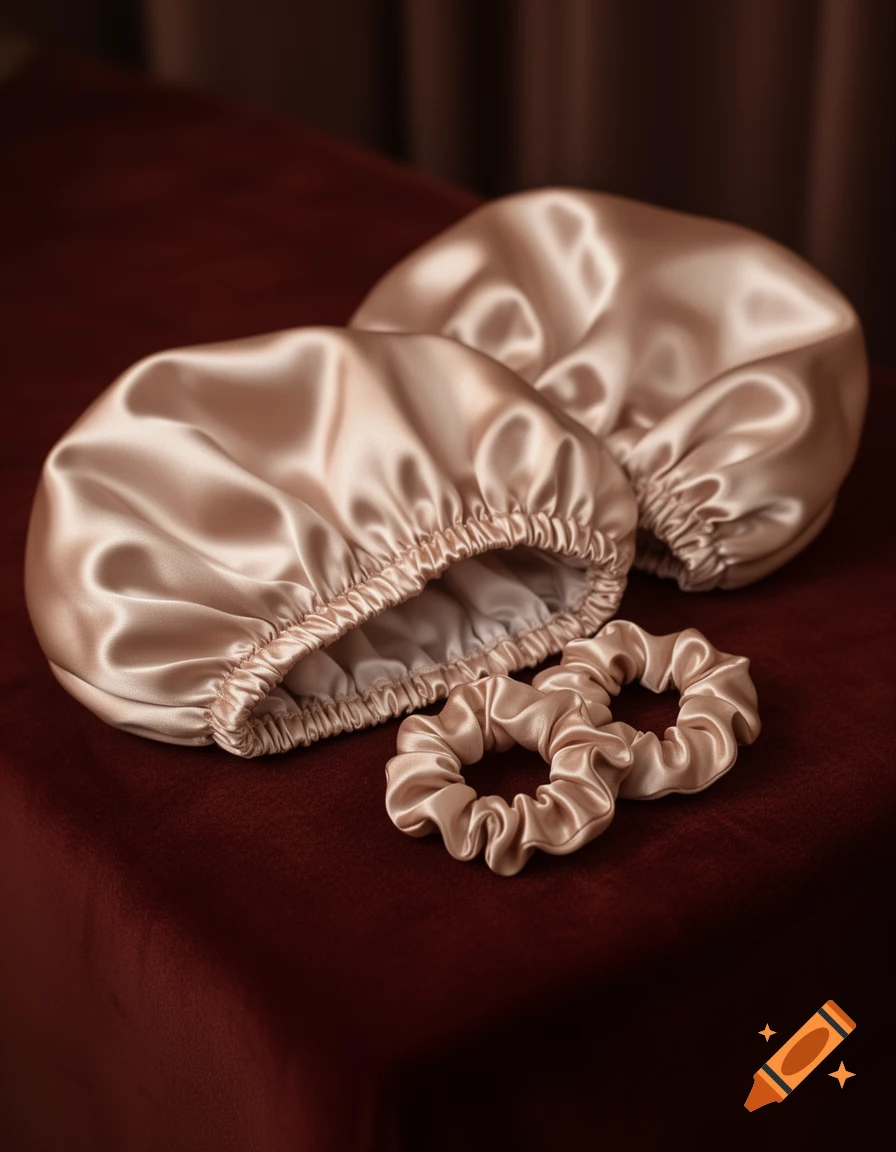 Two champagne-colored silk sleep caps and two matching hair scrunchies on a deep red fabric surface.