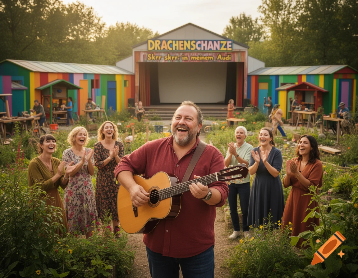 A joyous man plays guitar for a smiling, clapping audience at an outdoor community festival with colorful buildings.