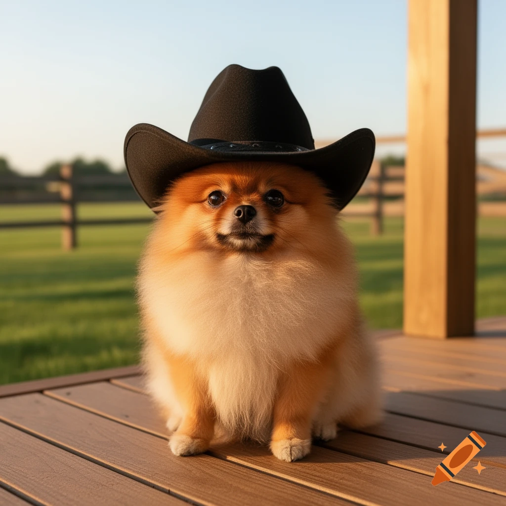 A cute sable Pomeranian dog wearing a black cowboy hat sits on a wooden deck with a grassy field in the background.