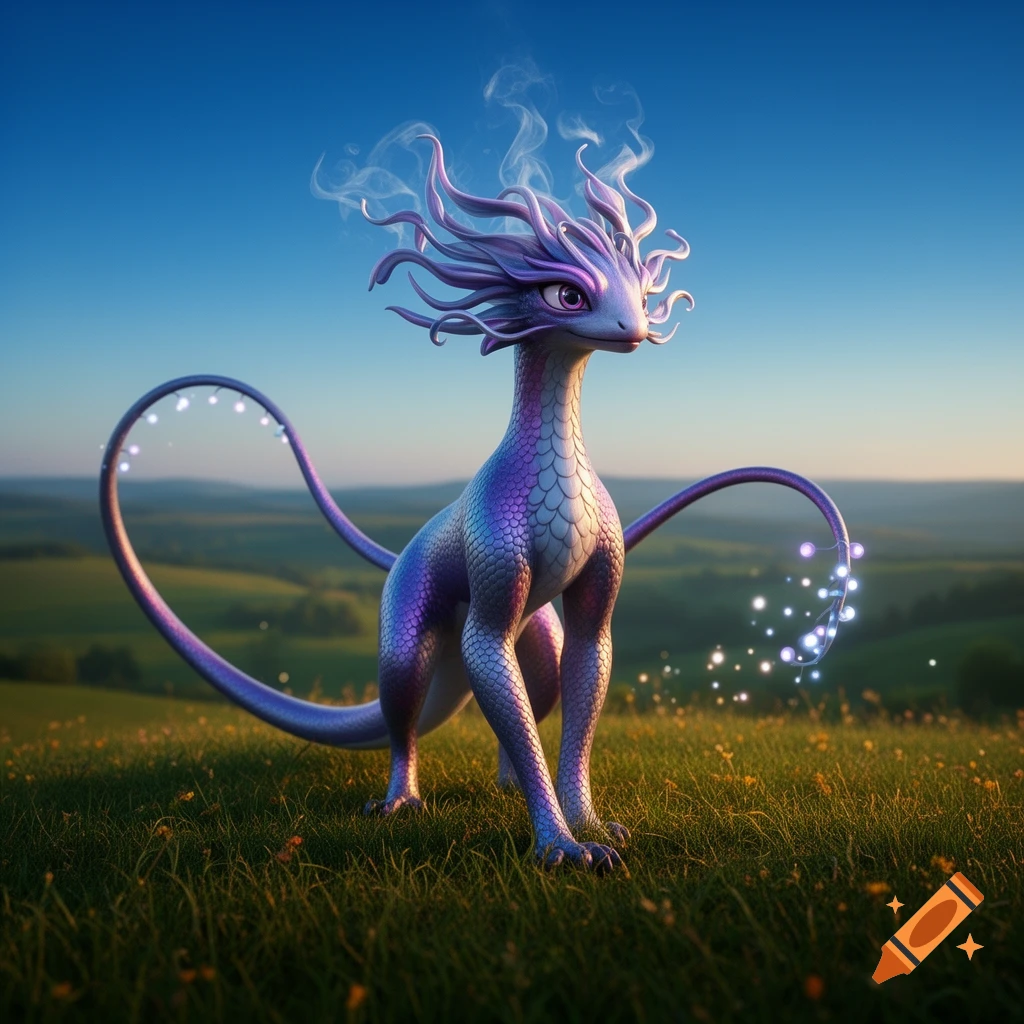 A stylized purple fantasy creature with iridescent scales, smoky tendrils, and a glowing tail stands in a grassy field under a blue sky.
