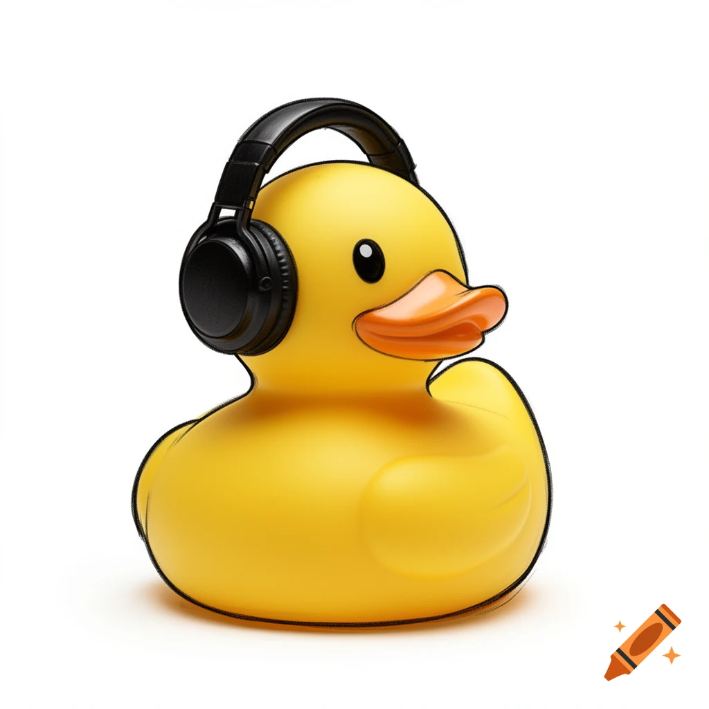 A bright yellow rubber duck wearing black over-ear headphones, depicted in a simple drawing style on a white background.