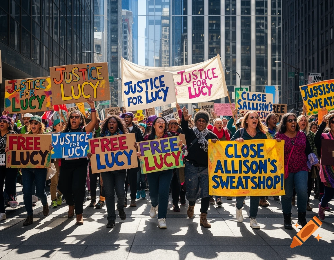 A diverse group of people marches down a city street, holding signs that say 'Justice for Lucy', 'Free Lucy', and 'Close Allison's Sweatshop!'.