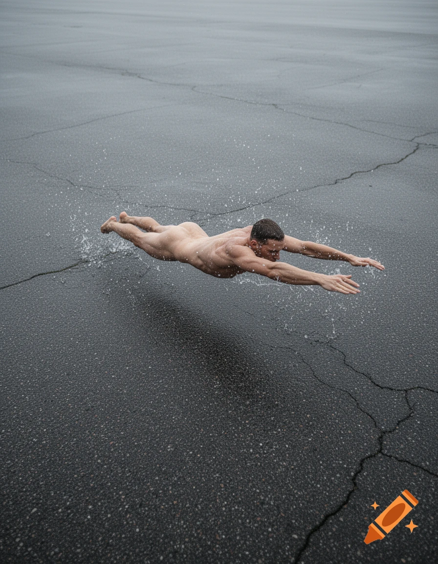 A naked muscular man appears to be swimming or diving in slow motion across a wet asphalt surface, with water splashing around him.