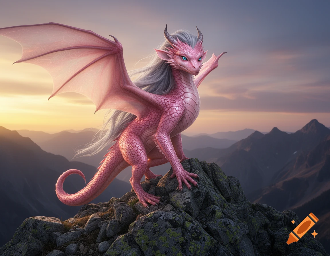 A pink dragon with grey hair and blue eyes stands majestically on a rocky mountain peak at sunset, overlooking a vast mountain range.
