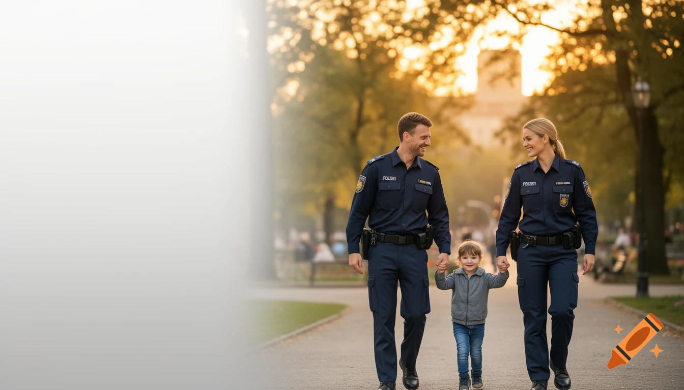 Two smiling German police officers in dark blue uniforms walk hand-in-hand with a young child through a park at sunset, with soft gradient on the left.