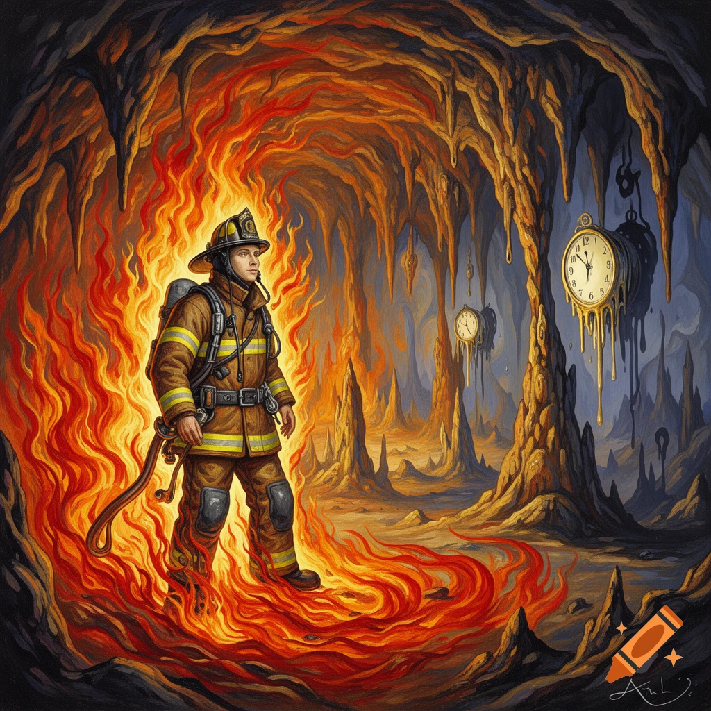 A firefighter stands in a fiery cave with melting clocks hanging from stalactites, depicted in a surreal Salvador Dali style.